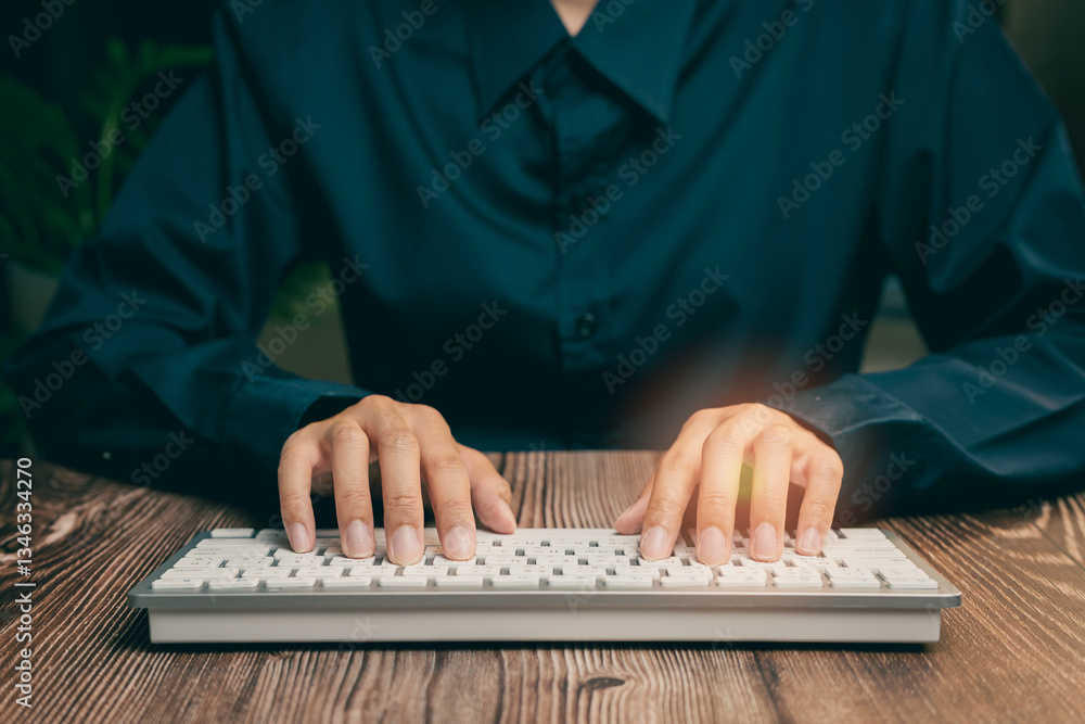 Poster close-up of hands typing on a white keyboard in a dark environment with soft lighting effect, busine