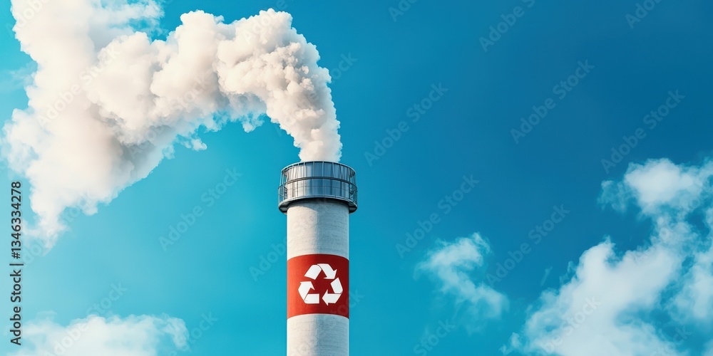 Poster utility resources optimization concept. pollution from a smoke stack with a recycling symbol against