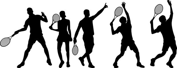 Tennis players with rackets black silhouette vector