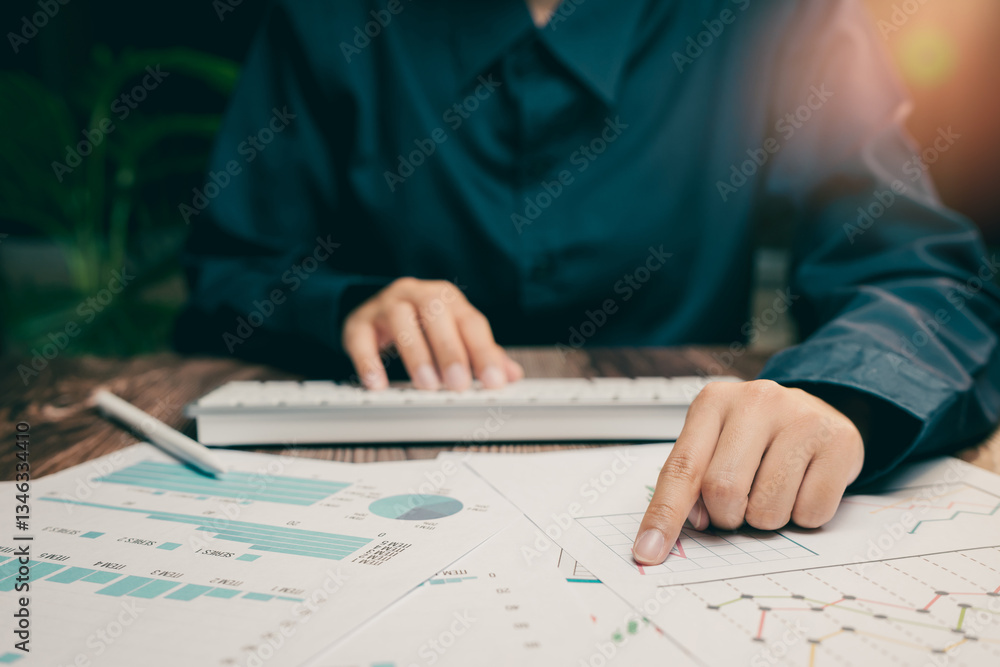 Poster professional analysis of business data and charts with focused keyboard and hand gesture, business c