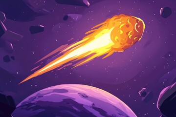 Naklejka premium Fiery Comet Streaking Through Purple Sky With Planets