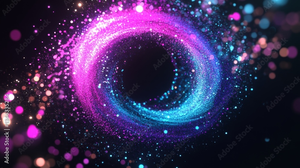 Poster 3d abstract design of swirling blue and purple particles forming a dynamic vortex with glowing digit