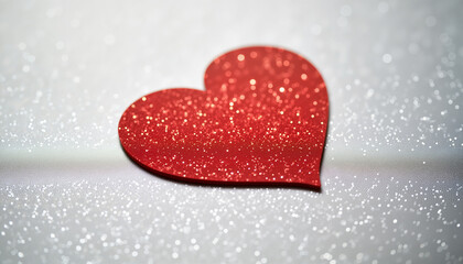 Fototapeta premium Red glitter heart cutout on sparkly silver tablecloth, love symbolism