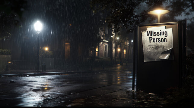 Mysterious urban street with flickering lamp, torn missing person poster on bulletin board, rain droplets, evoking sense of loss and intrigue in empty nighttime setting.