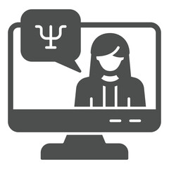 Monitor screen and psychologist woman solid icon, psychology concept. Vector graphics. Display with doctor therapy call sign on white background, glyph style icon for mobile or web design.