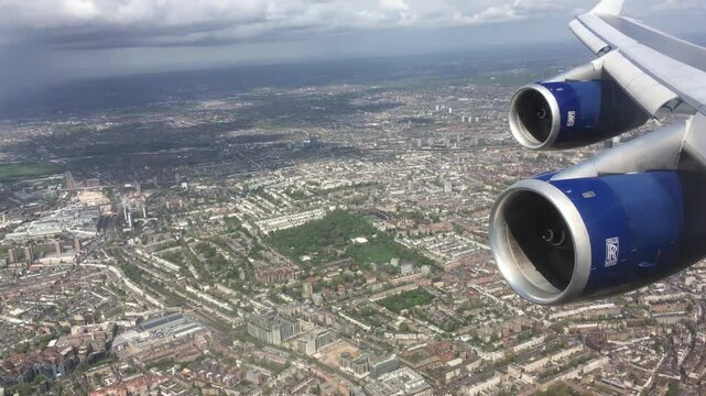 Jet engines flying over London, UK . On the way to Heathrow, airport