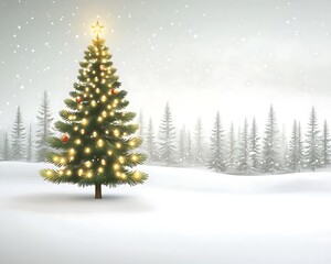 Fototapeta premium A glowing Christmas tree stands in a snowy winter landscape