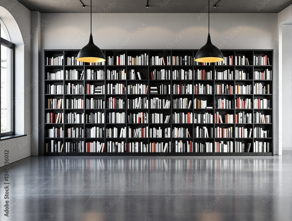 Poster contemporary library with a large bookshelf full of neatly arranged books, stylish pendant lights, a