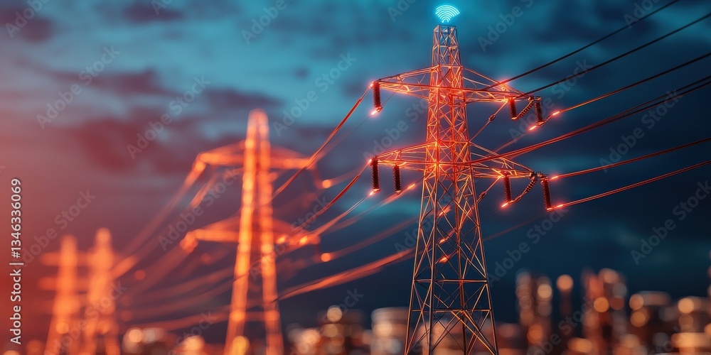 Poster utility resources optimization concept. power lines illuminated at dusk with a city skyline in the b