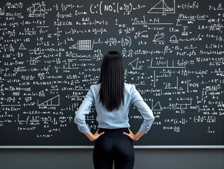 Woman in formal attire standing in front of a large chalkboard filled with mathematical equations and formulas, deep in thought. Concept of science and education. Ai generative