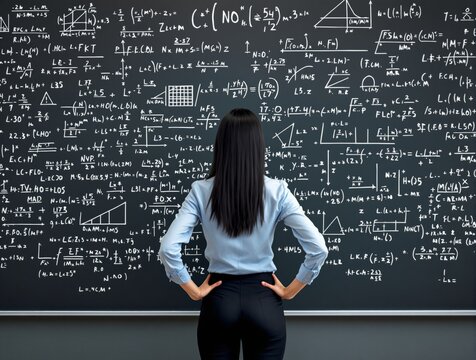 Woman in formal attire standing in front of a large chalkboard filled with mathematical equations and formulas, deep in thought. Concept of science and education. Ai generative