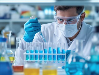 Fototapeta premium Scientist wearing protective gloves, mask, and goggles carefully pipetting liquid into test tubes in a laboratory background. Concept of science and research. Ai generative