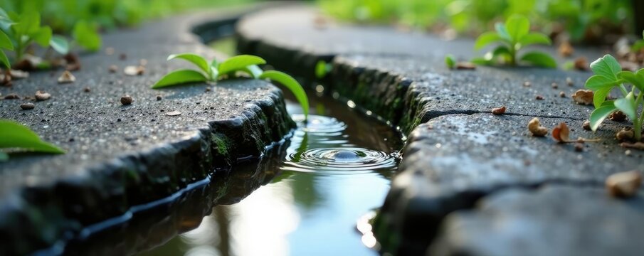Water seeps into cracks of a concrete footpath, percolate, leaking