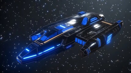 A futuristic spaceship with blue glowing lights travels through space