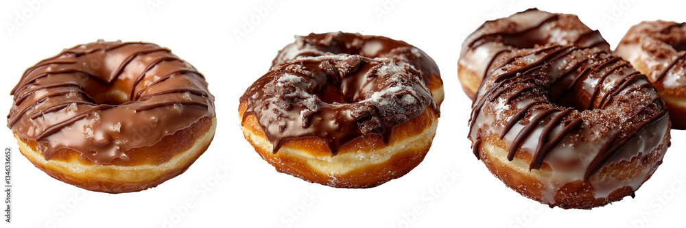 Poster on a transparent background, a sweet chocolate iced glazed donut is shown in isolation, a creation o