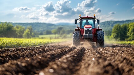 Fototapeta premium A red tractor plowing a field on a sunny day