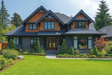 Fototapeta premium Elegant home exterior with a spacious front yard and lush green grass on a sunny day in a suburban American neighborhood.