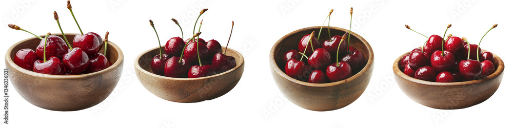 Poster a wooden bowl containing a red cherry is the subject of an image generated by generative ai, with a 