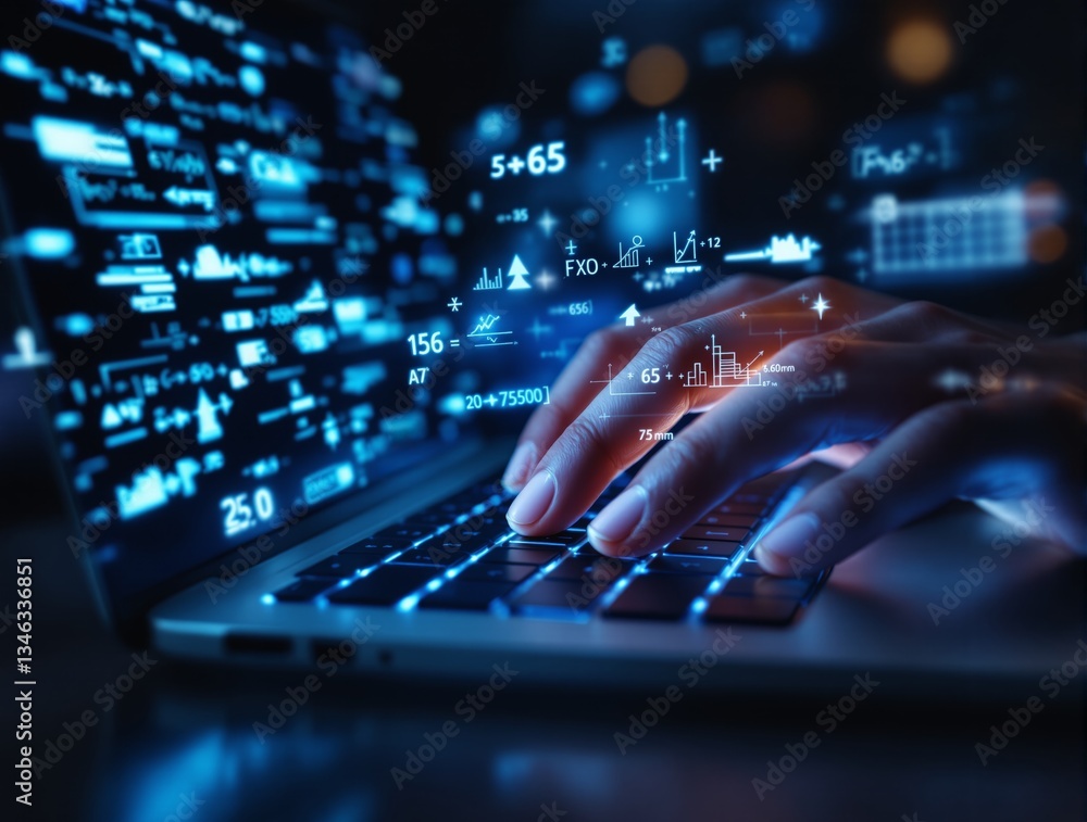 Poster hand typing on laptop keyboard with glowing futuristic data holograms in a blue digital background. 