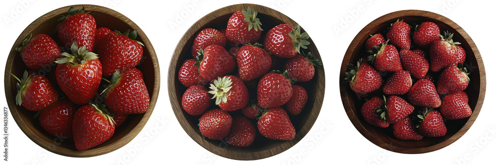 Poster generative ai is used to isolate strawberries in a wooden bowl on a transparent background