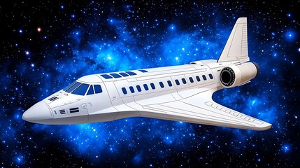 A futuristic white aircraft flies amidst a vibrant star filled sky