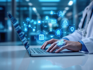 Doctor typing on laptop with futuristic medical icons floating above, symbolizing digital healthcare innovation and data management in a clinical background. Ai generative
