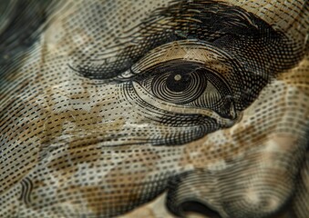 Close-up of an engraved eye on currency with intricate detail.