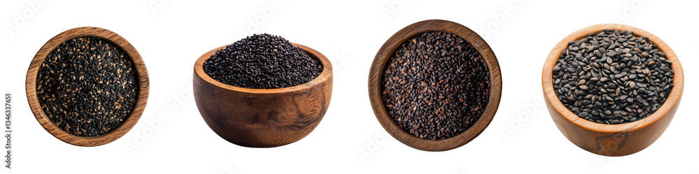 Poster generative ai has produced an image of black sesame in a wooden bowl, isolated on a transparent back