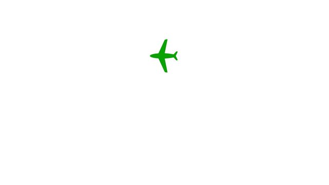 Animated green the plane flies along trajectory. Flat symbol. Concept of airplane travel. Airplane flies from one place to another. Looped video. Vector illustration isolated on white background.