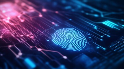 Digital security and authentication with a fingerprint biometric scanner on a futuristic screen, symbolizing modern identification, privacy protection, and advanced cybersecurity technologies