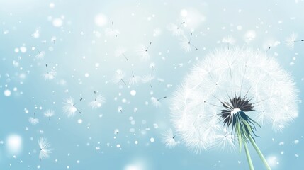 Dandelion blowing seeds in blue sky with spring nature.