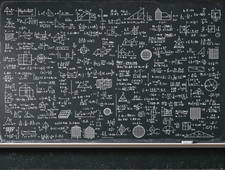 Chalkboard filled with mathematical equations, geometric shapes, and formulas in white chalk on a dark background. Concept of science and education. Ai generative
