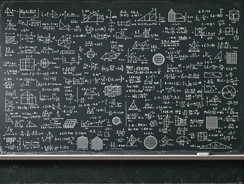 Chalkboard filled with mathematical equations, geometric shapes, and formulas in white chalk on a dark background. Concept of science and education. Ai generative