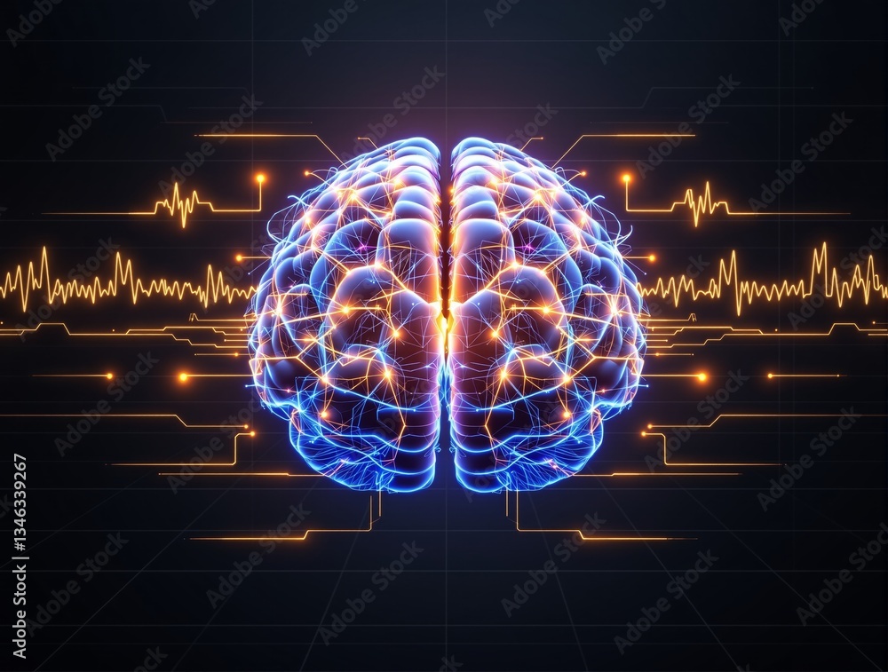 Poster futuristic glowing brain with neural connections and data waves on a dark background. concept of art