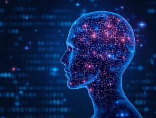 Futuristic human head silhouette composed of glowing puzzle pieces on a digital binary code background. Concept of artificial intelligence and brain function. Ai generative