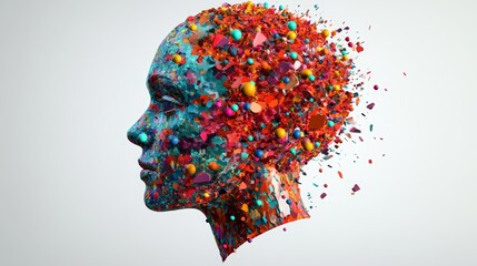 Flying multi-colored spheres emerging from the sliced head of a human, symbolizing the concept of neurodiversity, highlighting the diverse and complex nature of the human mind in a 3D rendered visual