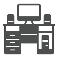 Computer desk with system unit and monitor solid icon, house and interior concept. Vector graphics. Desktop on table sign on white background, glyph style icon for mobile or web design.