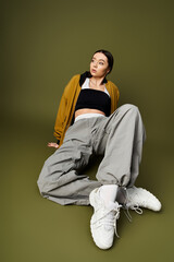 Stylish young woman showcasing contemporary fashion in a vibrant setting with dynamic poses