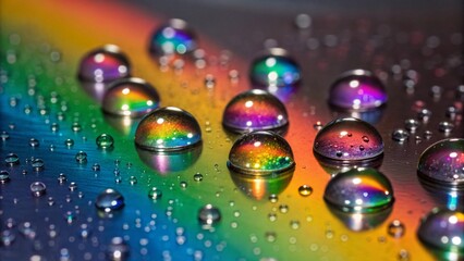 Close-up of water droplets on a leaf, colorful reflections.

