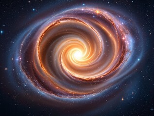 Fototapeta premium Glowing spiral galaxy with swirling golden and blue cosmic dust in deep space, surrounded by twinkling stars. Cosmic beauty and science fiction concept. Ai generative