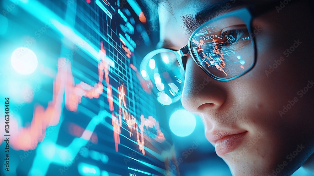 Poster gen z on financial planning and saving concept. young professional analyzing data on computer screen