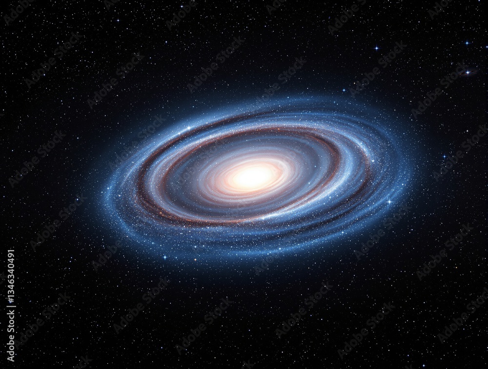 Poster glowing spiral galaxy with luminous gaseous rings in deep space, surrounded by stars. cosmic backgro