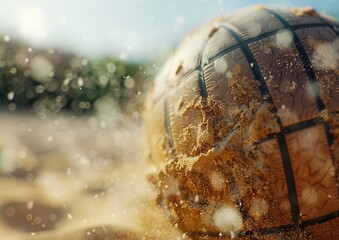 Sandy soccer ball in action on a sunny beach.