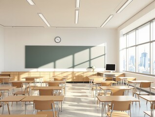 Sunlit modern classroom with wooden desks, chairs, a chalkboard, and a computer on the teacher's desk. Large windows show a cityscape. Ai generative