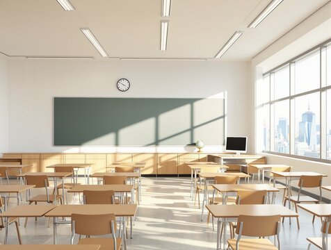 Sunlit modern classroom with wooden desks, chairs, a chalkboard, and a computer on the teacher's desk. Large windows show a cityscape. Ai generative