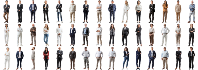 Many business people set isolated background, casual formal attire wear, full body length, networking mixed different diversed businesspeople, happy male female, successful career, crisp edges style