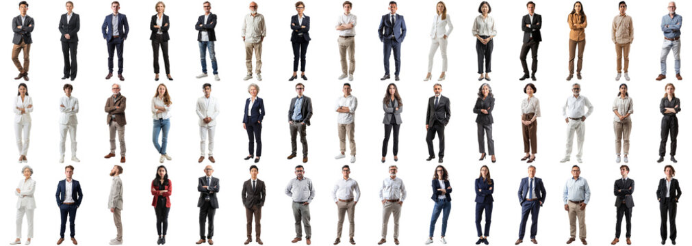 Many business people set isolated background, casual formal attire wear, full body length, networking mixed different diversed businesspeople, happy male female, successful career, crisp edges style