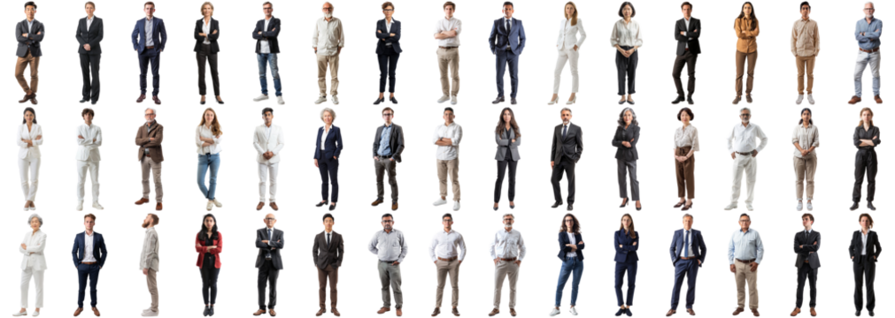 Many business people set isolated background, casual formal attire wear, full body length, networking mixed different diversed businesspeople, happy male female, successful career, crisp edges style
