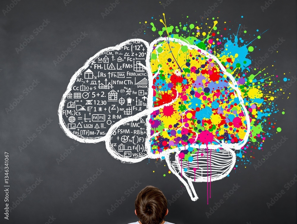 Poster child looking at brain illustration with one side mathematical and the other colorful splashes on da