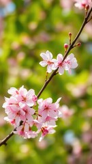 Obraz premium delicate pink blossoms on a blooming white cherry tree against a bright green spring background, flower, blossom